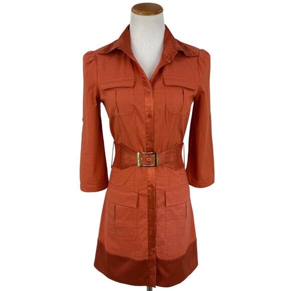 Vintage Y2K Bebe Rust Orange Belted Mini Shirt Dress w/Pockets & Satin Trim S - Picture 3 of 16